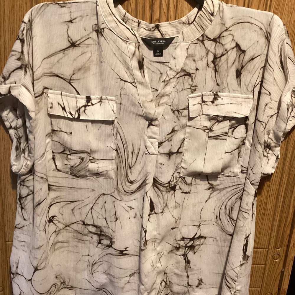 Simply Vera Vera Wang White and Brown Casual Button Down Shirt